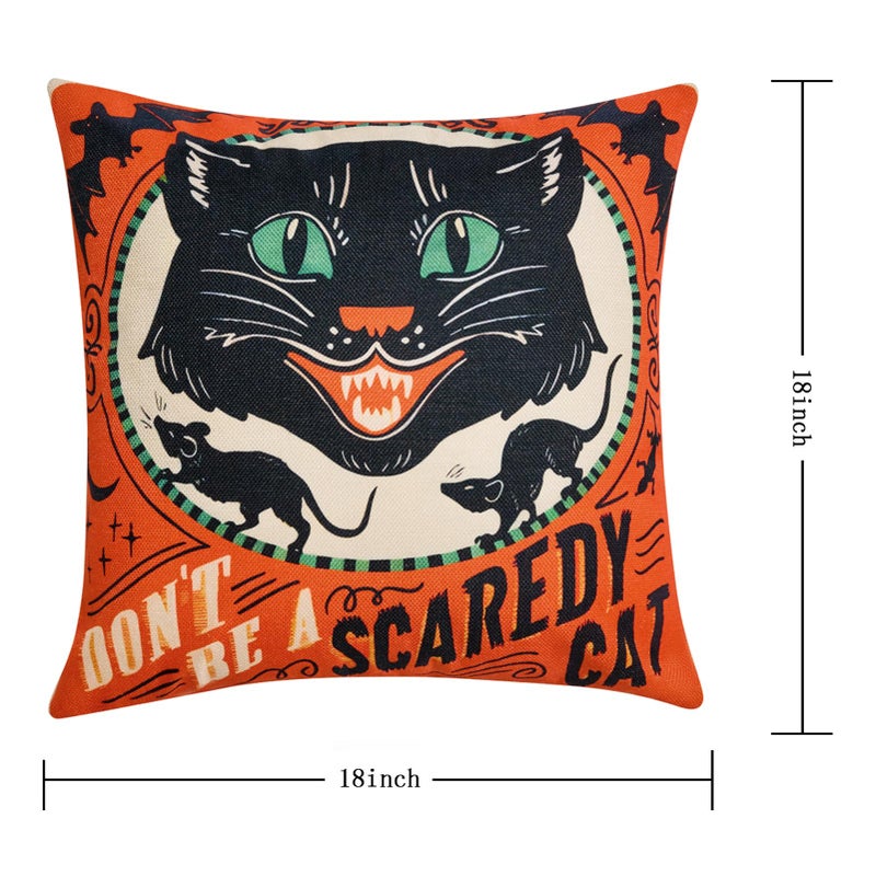 Hongsome Vintage Halloween Decor-Throw Pillow Covers 18x18 in set of 4 Retro Linen Pillow Case with Scaredy Cats Pumpkins Skull Bats for Couch Fall Holiday Outdoor Burnt Orange Green Black Decorations - Image 2